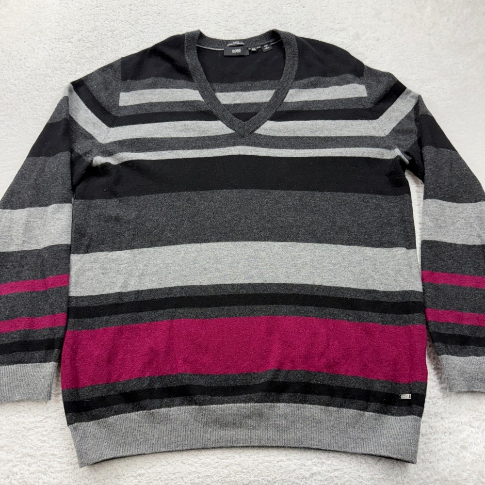 HUGO BOSS Mens V Neck Striped‎ Extrafine Lambswool Sweater XXL Slim Fit